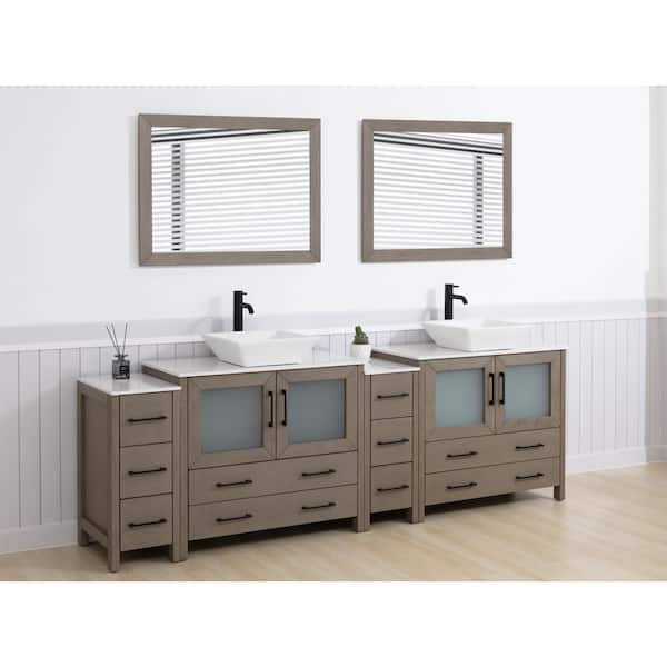 96 in. W Double Basin Driftwood Gray Bath Vanity with White Engineered Marble Top and Mirror