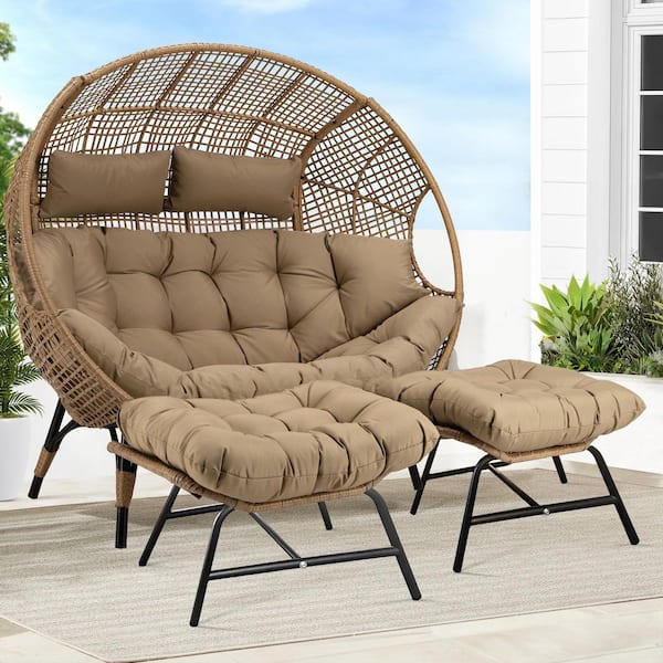 Unbranded Oversized 2-Person Outdoor Wicker Lounge Egg Chair Double Patio Loveseat with Ottoman Brown Cushion 680 lbs. Capacity