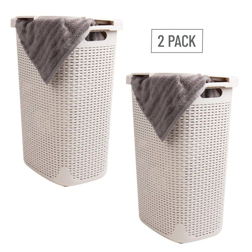 Ivory Wicker Style Plastic Upright Hamper with Lid, Set of 2