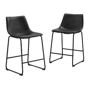 Wasatch 24 in. Black Low Back Metal Frame Counter Height Bar Stool with Faux Leather Seat (Set of 2)
