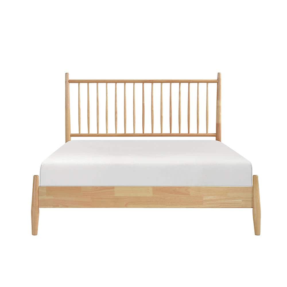 Natural Wood Full Platform Bed with Upholstered Headboard