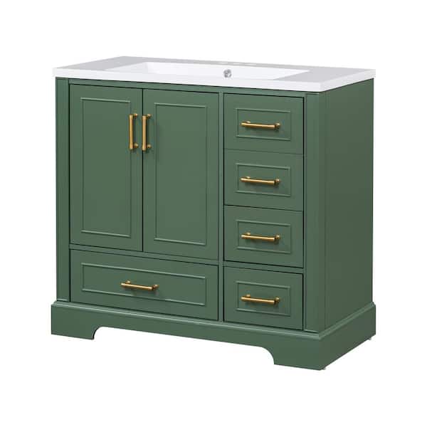 36 in. W x 18 in. D x 34 in. H Single Sink Freestanding Bath Vanity in Green with White Resin Top