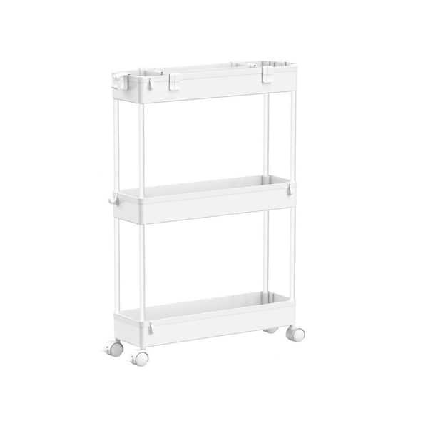3-Tier White Slim Plastic Storage Cart with Wheels for Bathroom, Kitchen, Laundry Room, Office