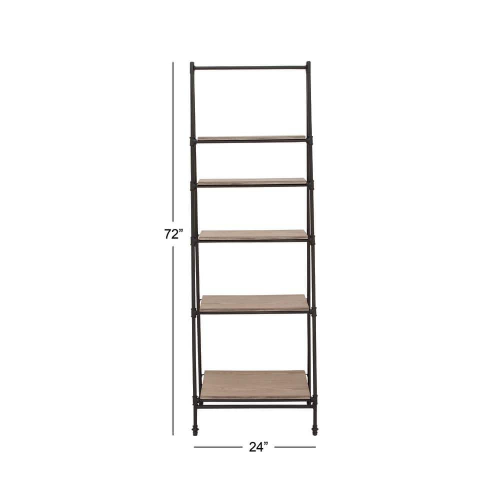 72" Black Metal and Pine Wood 5-Tier Ladder Shelf