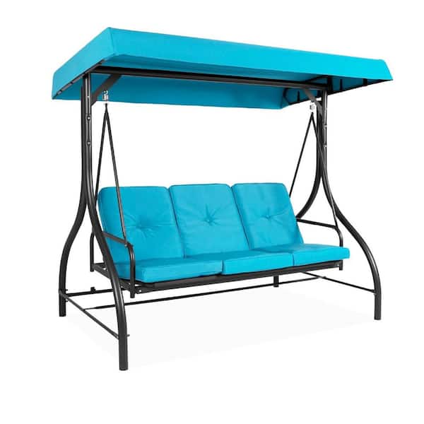 75 in. 3 Person Black Metal Patio Swing with Blue Cushions