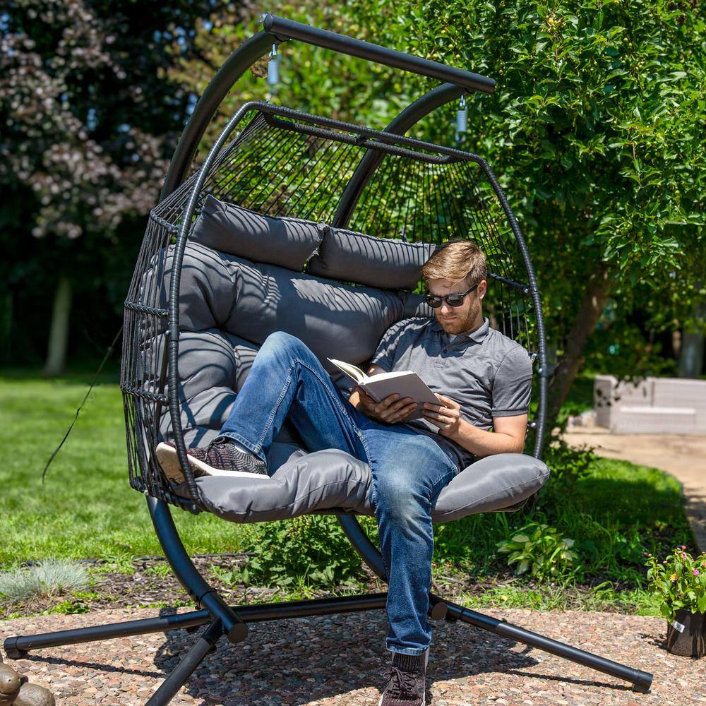 Dark Gray Double Egg Hanging Chair with Cushions and Steel Stand