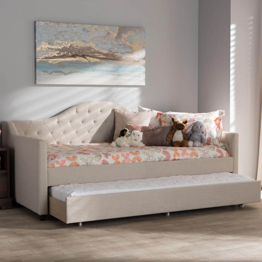 Beige Twin Upholstered Daybed with Tufted Headboard and Trundle