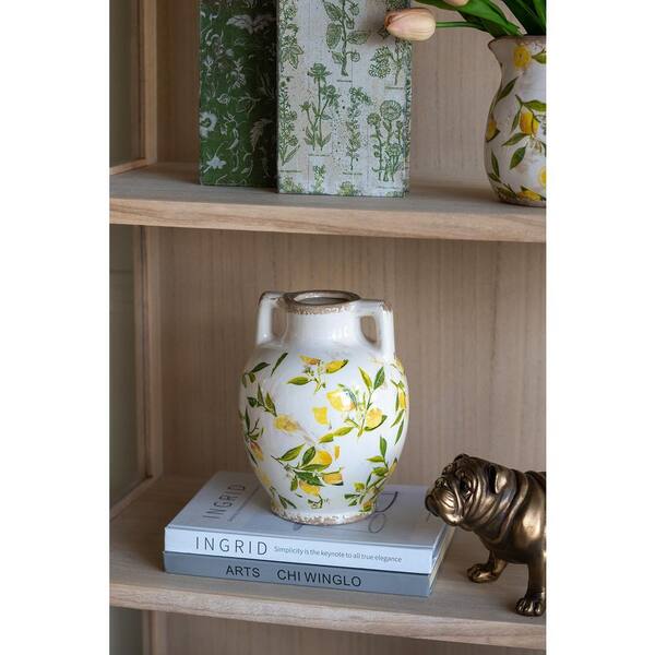 6.7 x 6.7 x 8.7 in. White Amphora Ceramic Vase with Yellow Lemon