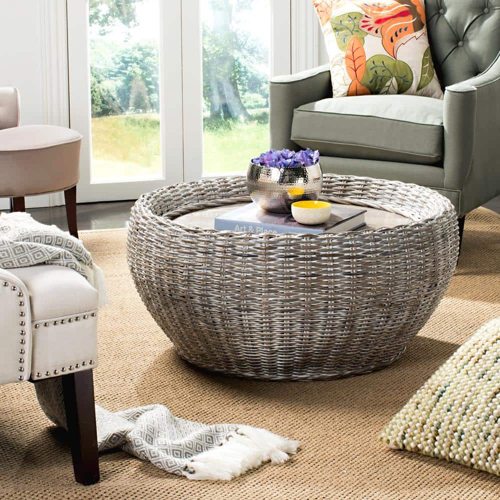 Grey White Wash Mango Wood Drum Cocktail Table