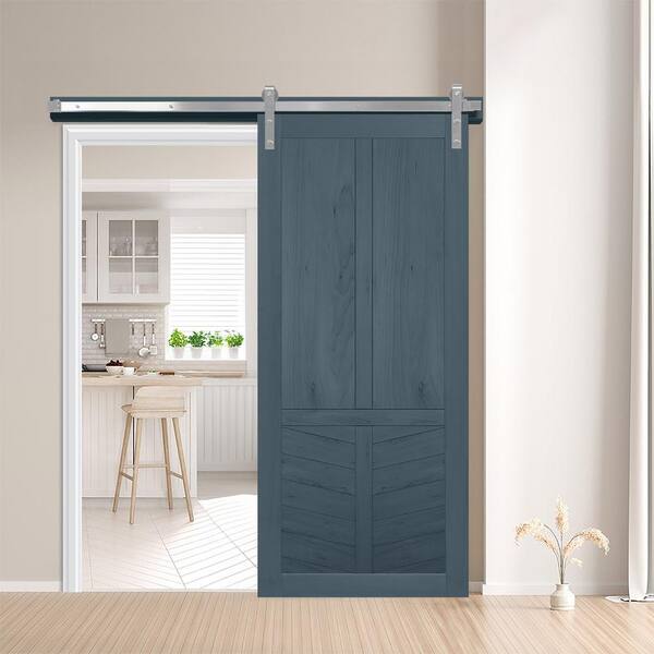 30 in. x 84 in. the Robinhood Denim Wood Sliding Barn Door with Hardware Kit in Stainless Steel