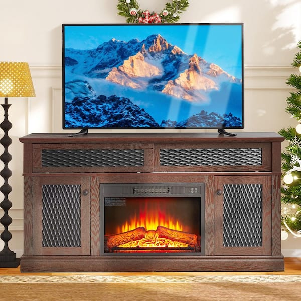58.27 in. Freestanding TV Stand with 23 in. Electric Fireplace Insert, TVs up to 65 in., Dark Cherry, Embossed Pattern