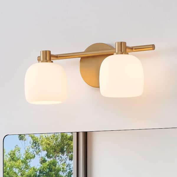 Valentina 15-in. 2-light Champagne Gold Vanity Light with Etched Opal Glass Shades