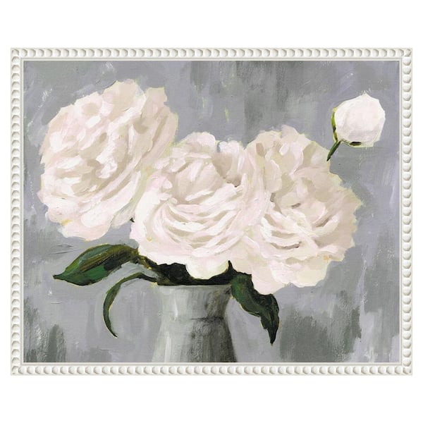 Amanti Art White Blooms in Gray Vase II by Victoria Borges 20 in. W x 16 in. H. Canvas Wall Art Print Framed in White