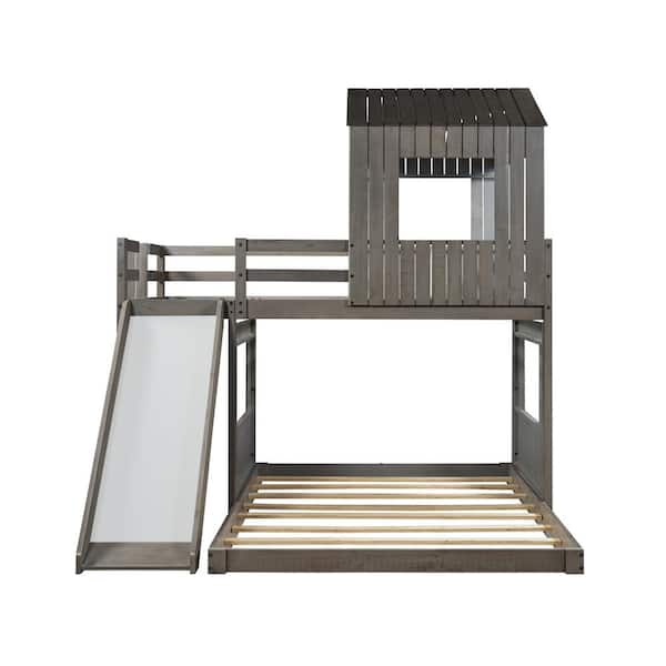 Anbazar Antique Gray Twin Over Full Wood Playhouse Bed With Slide, Low 