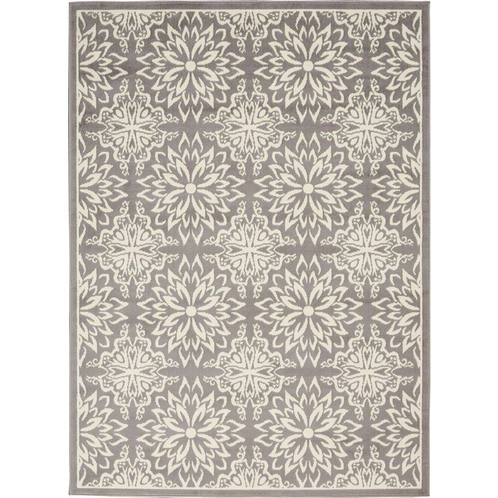 Ivory and Grey Floral Synthetic 5' x 7' Area Rug
