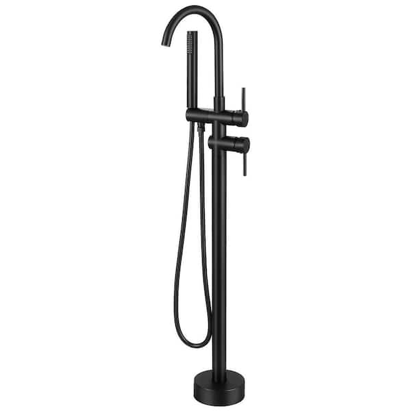 Double-Handle Claw Foot Tub Faucet Freestanding Floor Mount Roman Tub Faucet with Waterfall Spout in Matte Black