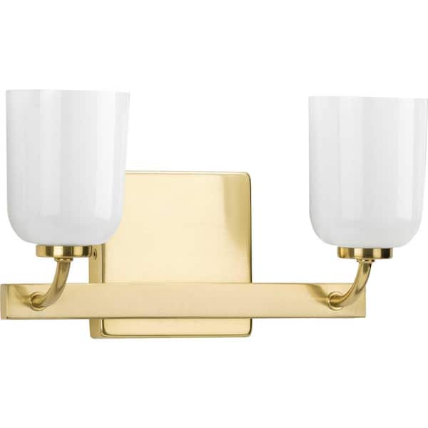 Progress Lighting Moore Collection 2-Light Satin Brass White Opal Glass Luxe Bath Vanity Light