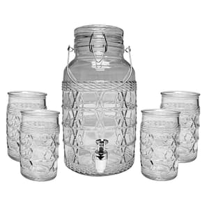 128 oz. Clear Willow Creek Wicker Embossed Entertaining Set Dispenser with Hermetic Lid 4-16 oz. Cooler glasses
