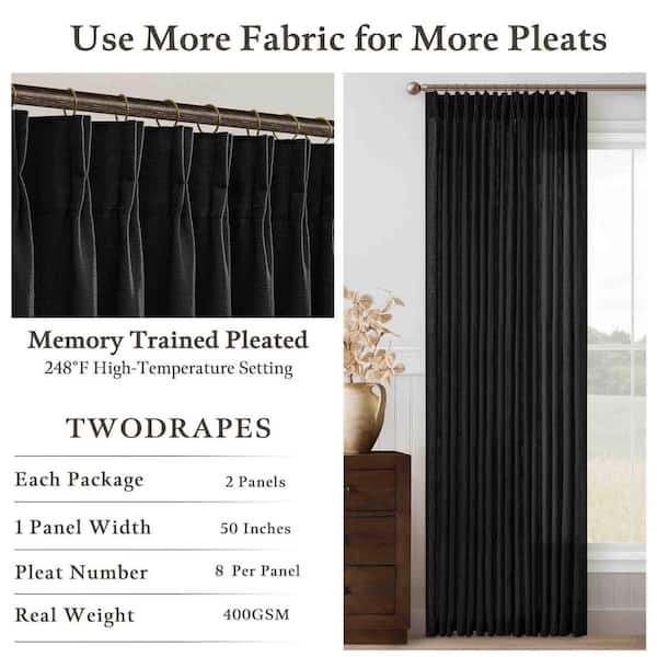Black Pinch Pleat Linen Blend 50 in. W x 102 in. L Back Tab Light