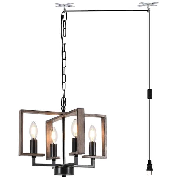 Wemi 15 in. 4-Light Black and Imitation Wood Grain Plug-In Farmhouse Chandelier Hanging Light w/ 15 ft. Cord and Switch