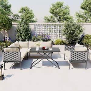 5-Piece Sling Outdoor Braided Rope Modern Patio Sectional Sofa Furniture Set with Glass Table and Cushions, Gray+Beige