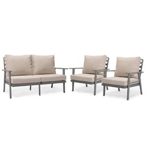 Walbrooke Grey 3-Piece Aluminum Outdoor Loveseat and Set of 2 Armchairs with Removable Cushions, Beige