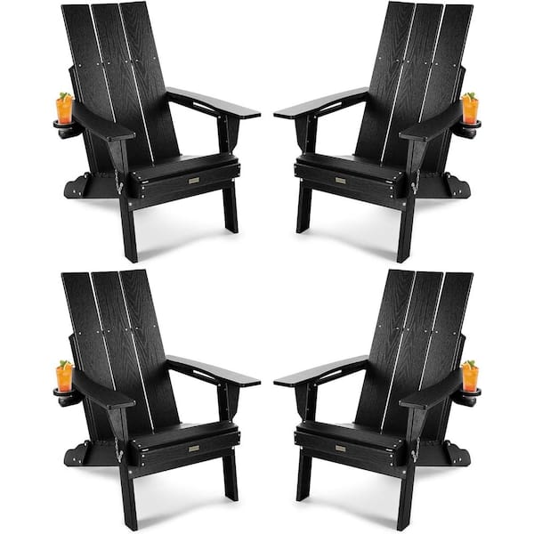Mximu Oversized Black HDPE Outdoor Plastic Folding Adirondack Chair with Cup Holder (Set of 4)