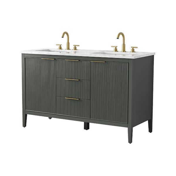 Emma 54 in. W Bath Vanity in Vintage Green with Engineered Stone Top in Arabescato with White Sinks