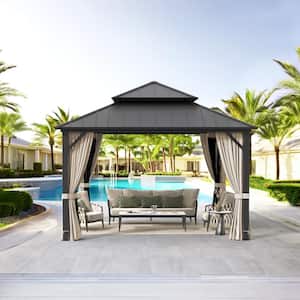 Grant 12 ft. x 12 ft. Black Hardtop Aluminum Outdoor Gazebo With Galvanized Steel Double Roof Curtain Netting