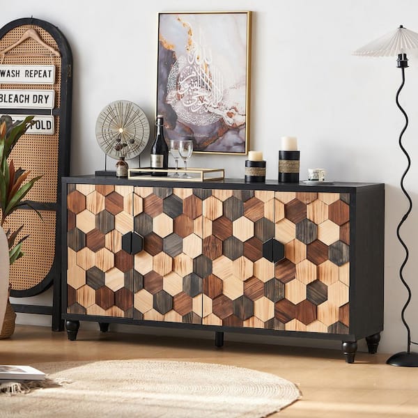 Solomon Black Brown 31.9 in. H Storage Cabinet, Buffet Sideboard with 4 Doors, Honeycomb Pattern