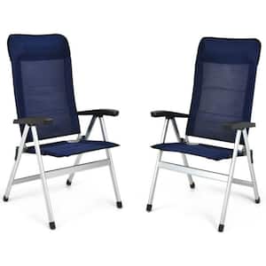 2-Piece Folding Aluminum Outdoor Dining Chair in Navy with Adjust Portable Headrest