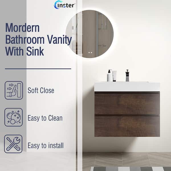 NOBLE 30 in. W x 18 in. D x 25 in. H Single Sink Floating Bath Vanity in Wood with White Solid Surface Integral Top