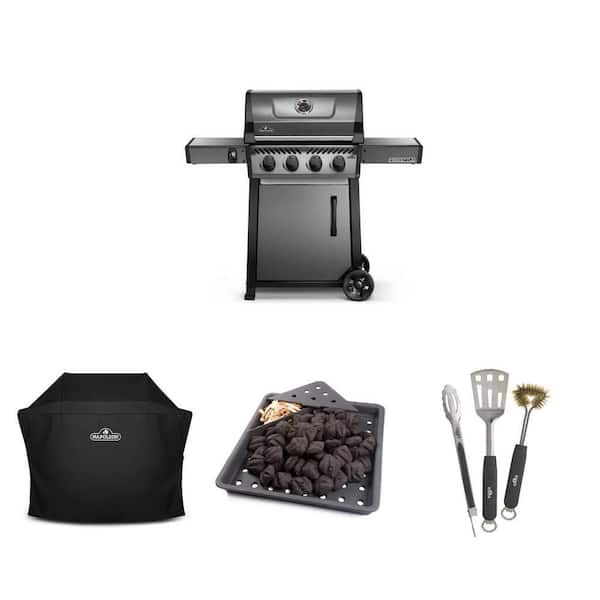 Freestyle 425 Graphite Grey 4-Burner Gas Grill with Cover, BBQ Toolset and Smoker Tray Combo (4-Piece)