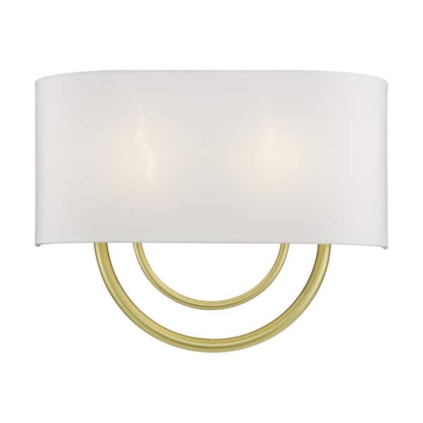 Livex Lighting Stratton 15 in. 2-Light Soft Gold ADA Wall Sconce with Off-White Fabric Shade