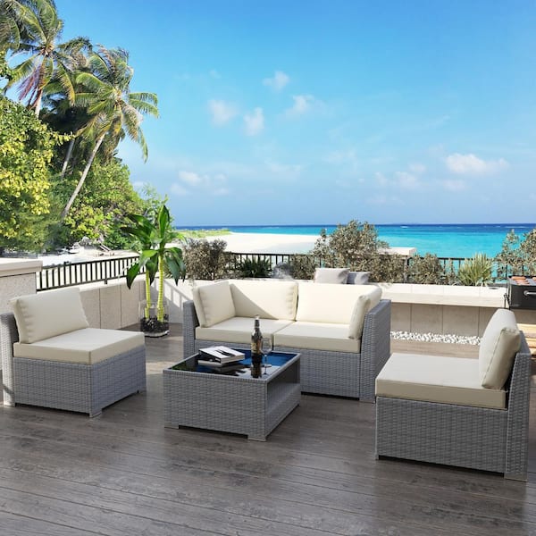 Gardenbee 5-Piece Wicker Outdoor Patio Sectional Sofa Conversation Set with Coffee Table and Beige Cushions