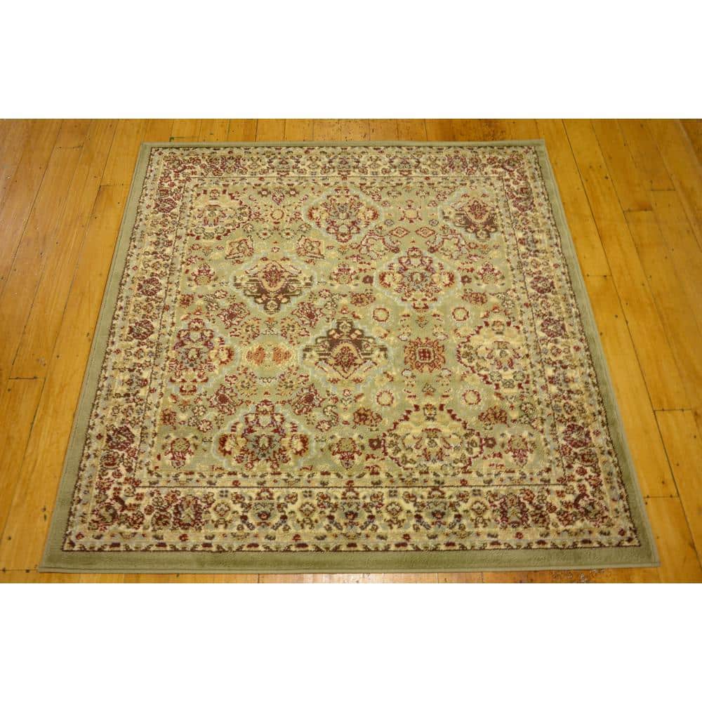 Elegant Square Floral Indoor Area Rug, 4'1", Light Green and Cream