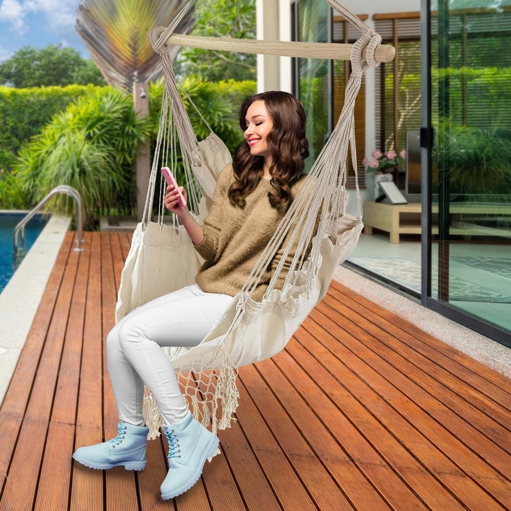 Ivory Cotton Hanging Rope Hammock Chair with Side Pocket