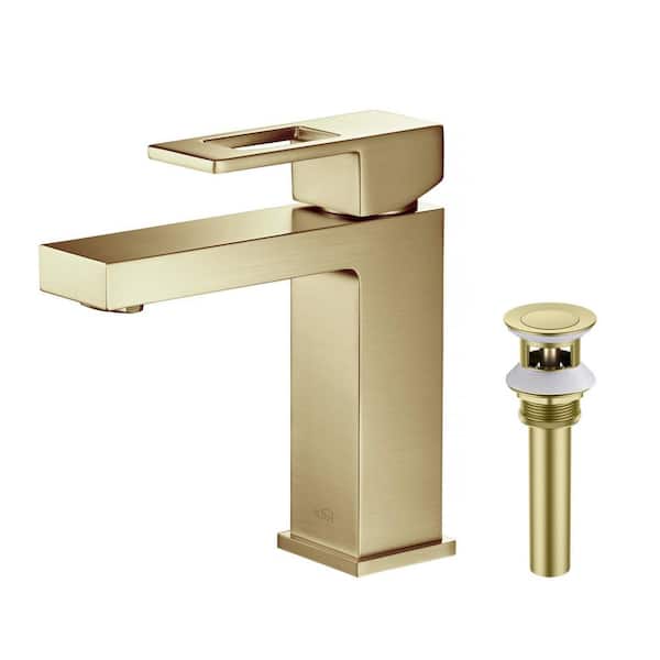 Single Hole Cubic Single Handle Bathroom Vanity Sink Faucet with Pop Up Drain in Brushed Gold