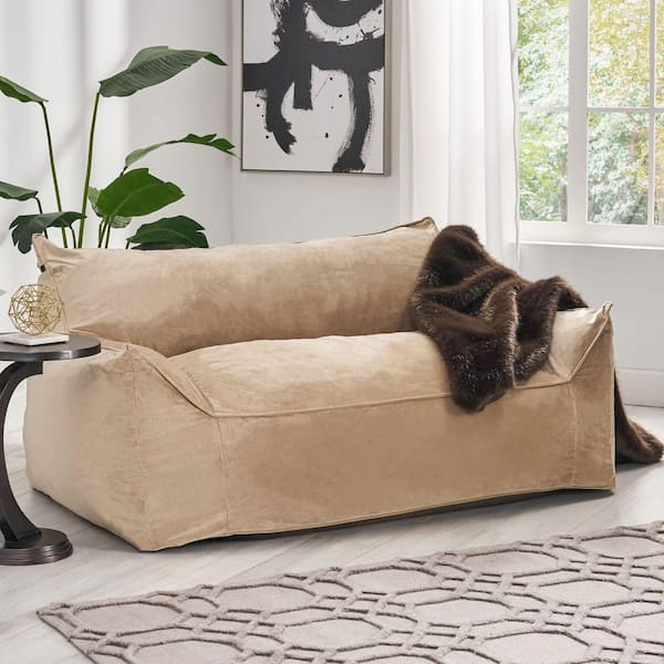 Taupe Microsuede-Velvet 2-Seater Bean Bag Chair, Loveseat Sofa, Couch w/ Removable Cover, Safety Zipper, Armrest Design