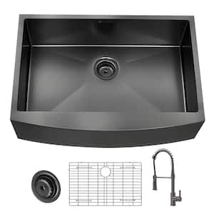 Gunmetal Black Stainless Steel 33 in. 18-Gauge Single Bowl Farmhouse Kitchen Sink with Black Spring Neck Faucet