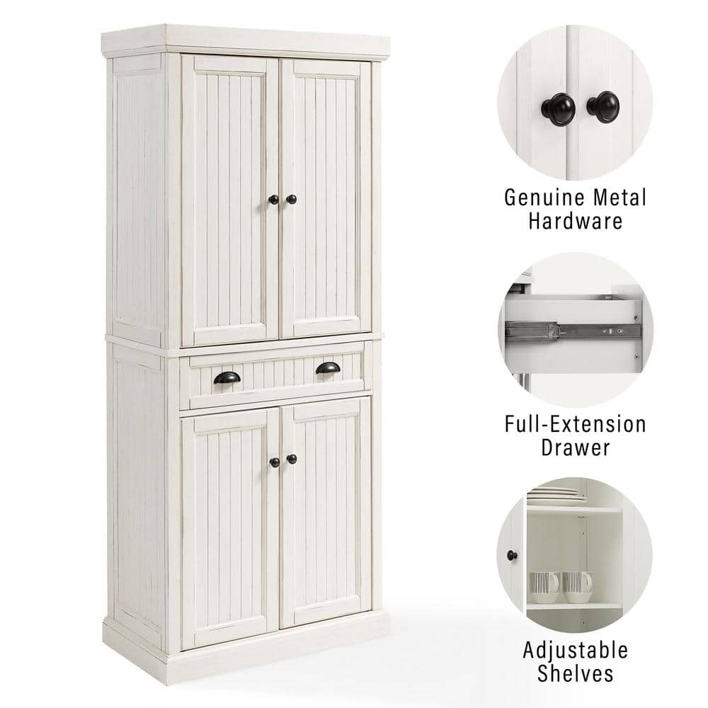 Seaside Distressed White Solid Wood Kitchen Pantry with Adjustable Shelves