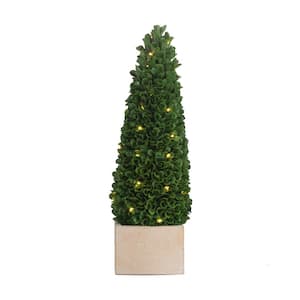 Boxwood Potted Artificial Topiary Tree with Lights Green/Cream Small