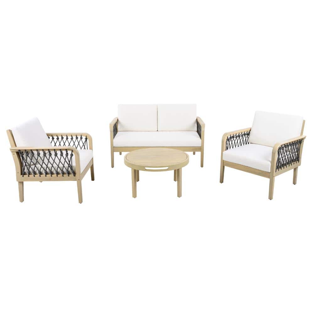 4-Piece Acacia Wood Outdoor Conversation Sofa Set with Rope Woven Armrests,Removable Cream Cushions Teak price history on PriceWatchPro