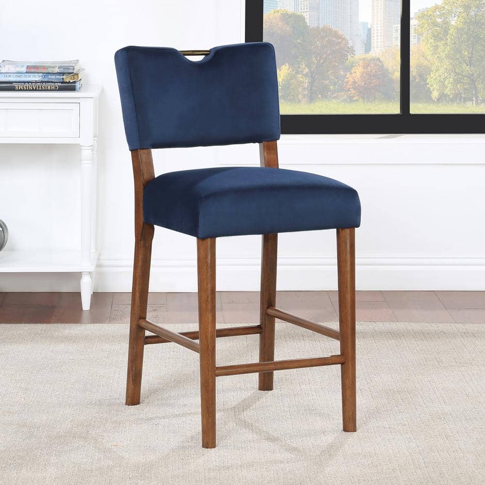 Bonito 26.75 in. Navy Blue Solid Back Wood Frame Counter Stool with Velvet 