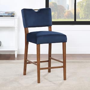 Bonito 26.75 in. Navy Blue Solid Back Wood Frame Counter Stool with Velvet Seat and Back