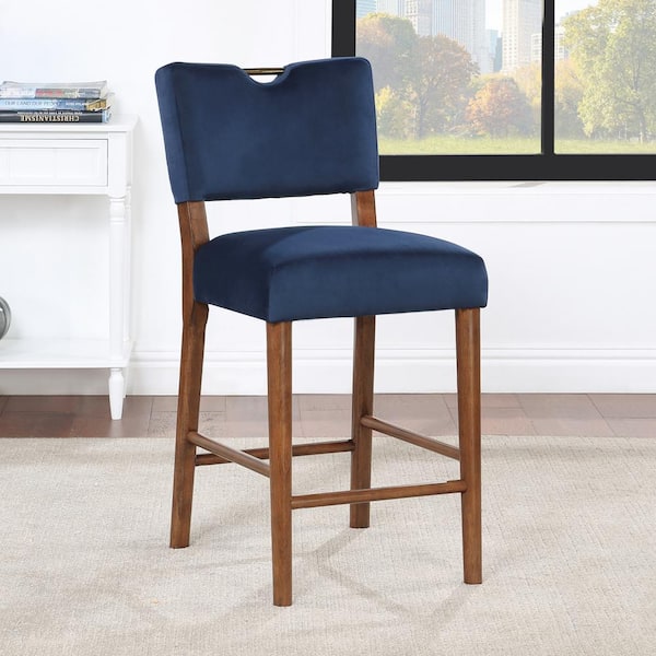 Unbranded Bonito 26.75 in. Navy Blue Solid Back Wood Frame Counter Stool with Velvet Seat and Back
