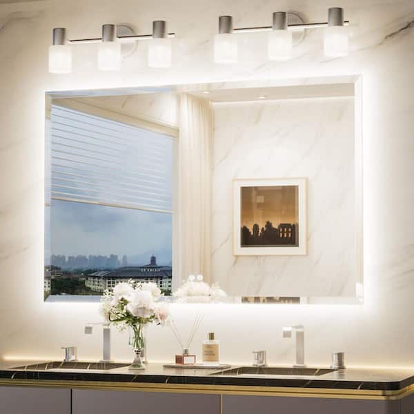 55 in. W x 36 in. H Beveled Frameless LED Lighted Bathroom Vanity Mirror with Light with Backlit and Anti-Fog