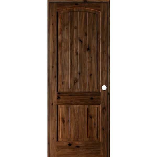 null 24 in. x 96 in. Knotty Alder 2 Panel Left-Hand Arch V-Groove Provincial Stain Solid Wood Single Prehung Interior Door