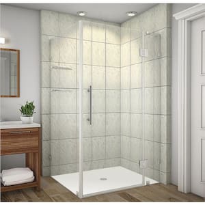 Avalux GS 40 in. x 34 in. x 72 in. Frameless Corner Hinged Shower Enclosure with Glass Shelves in Stainless Steel