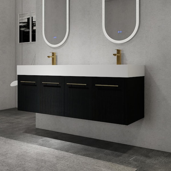 FAMYYT 60 in. W x 18.1 in. D x 22.4 in. H Double Sink Floating Bath Vanity in Black with White Thick Edged Resin Top and Basin